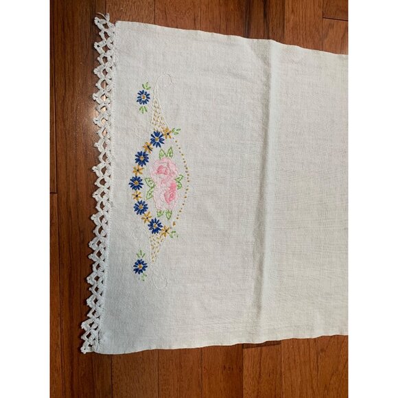 Handmade Embroidered Floral Table Runner with Crocheted Edges - 34" x 16" - Picture 2 of 7